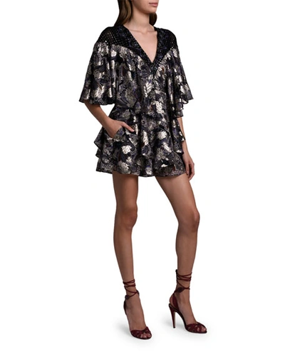 Etro Metallic Flutter Sleeve Romper In Black