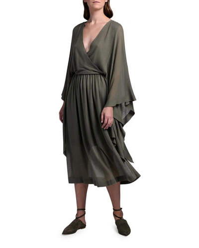 Agnona Batwing-sleeve Faux Wrap Dress In Sage