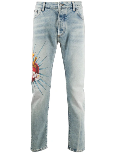 Palm Angels Sacred Heart Medium-wash Skinny Jeans In Medium Wash Multi