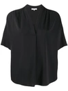 Vince Elbow Sleeve Stretch Silk Popover Top In Black