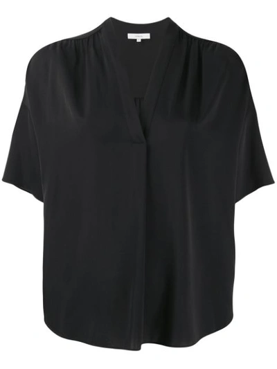 Vince Elbow Sleeve Stretch Silk Popover Top In Black