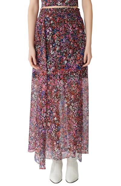 Maje Shirred Floral-print Silk-crepon Maxi Skirt In Black