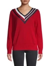 Tommy Hilfiger Striped Tape V-neck Pullover In Scarlet