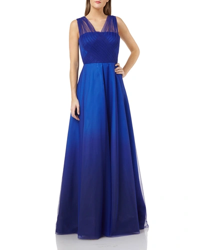 Carmen Marc Valvo Infusion Ombre Mikado Gown With Tulle Straps In Black/cobalt