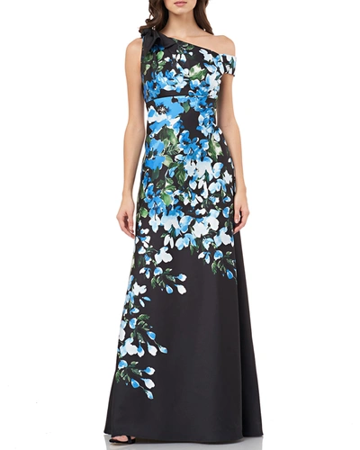 Carmen Marc Valvo Infusion Floral Mikado One-shoulder Column Gown With Tie Shoulder In Black Blue