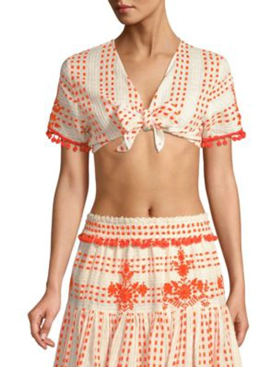 Tessora Women's Lydia Embellished Tie-front Crop Top In White Orange