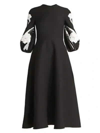 Valentino Embellished Puff-sleeve Virgin-wool & Silk Flare Dress In Black Ivory