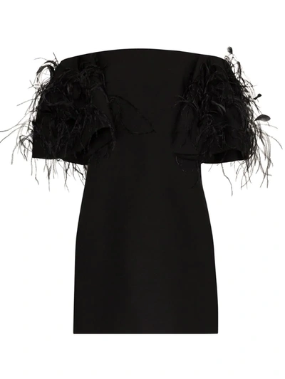 Valentino Off-the-shoulder Feather-trimmed Wool-blend Dress In Black