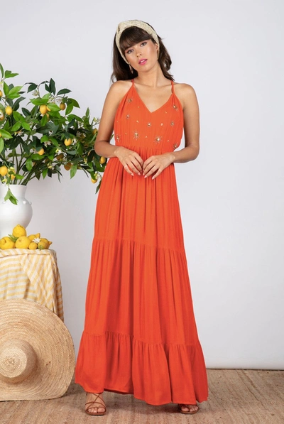 Sundress Claire Ruffle Tiered Sun Embroidered Dress In Tangerine Gold Sun Embroideries