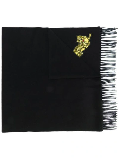 Kenzo Jumping Tiger Fringed Brushed-wool Scarf In Black