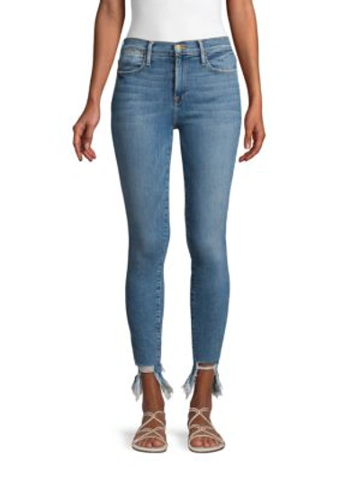 Frame Le High Skinny Cropped Frayed Low-rise Skinny Jeans In Medium Blue