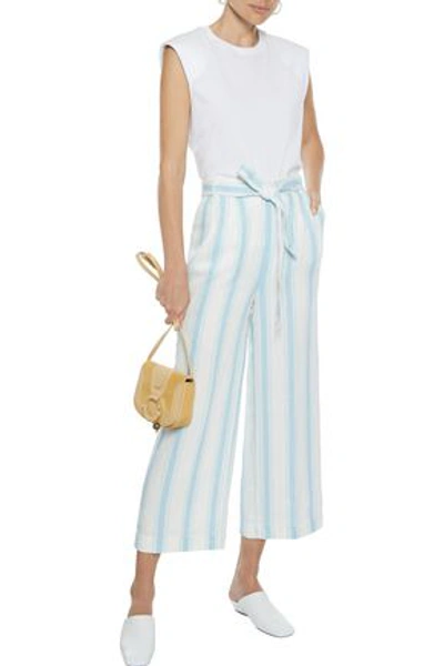 Frame Cropped Belted Striped Linen Wide-leg Pants In Off-white