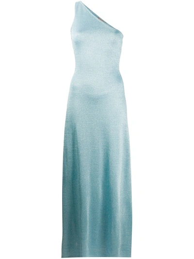 Missoni One Shoulder Metallic-knit Silk Gown In Blue