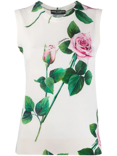 Dolce & Gabbana Rose Print Knit Vest In Neutrals