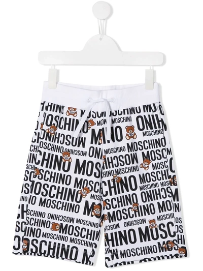 Moschino Teen All-over Logo Print Track Shorts In White