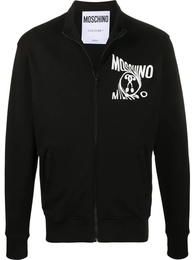 Moschino Double Question Mark Logo Print Zip-front Sweatshirt In Black
