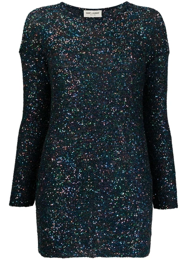 Saint Laurent Sequin Embroidery Fitted Dress In Black