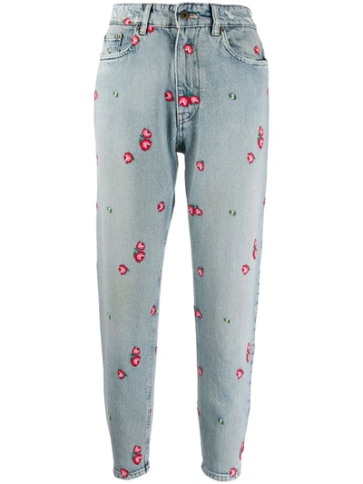 Miu Miu Blue Embroidered Floral Tapered Jeans In Blau