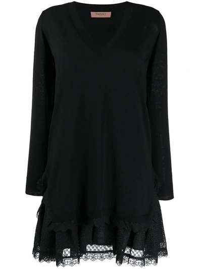 Twinset Broderie Anglaise Knitted Flounce Dress In Black