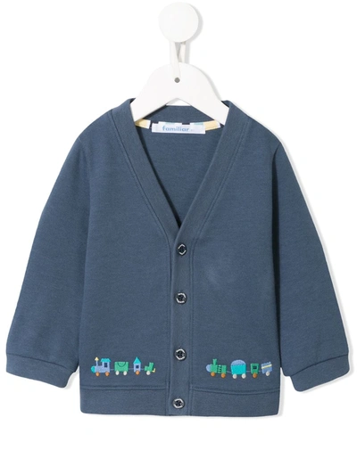 Familiar Babies' Train Embroidered Cardigan In Blue