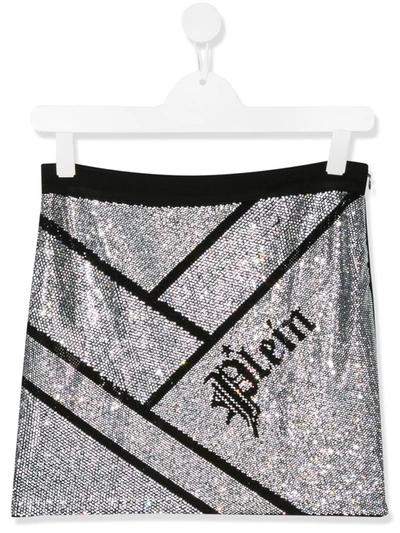 Philipp Plein Junior Kids' Embellished Logo Skirt In Silver