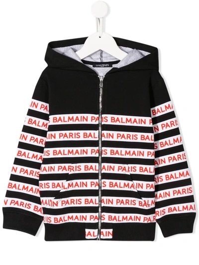 Balmain Kids' Logo条纹连帽夹克 In Black