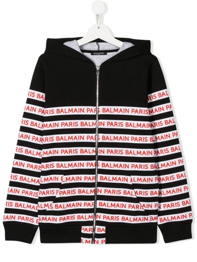 Balmain Teen Logo-stripes Zip-up Hoodie In Black