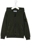 Stone Island Kids' Zipped Logo Patch Hoodie In Green