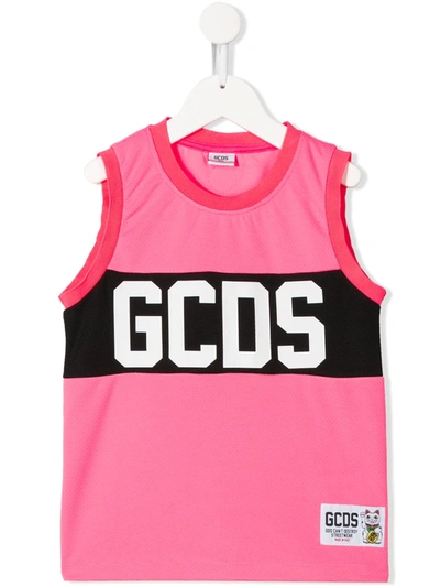 Gcds Kids' Sleeveless Mesh Logo Print Tank Top In Pink