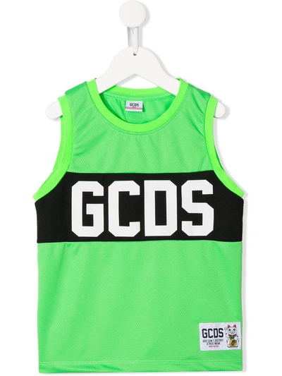 Gcds Kids' Sleeveless Mesh Logo Tank Top In Green