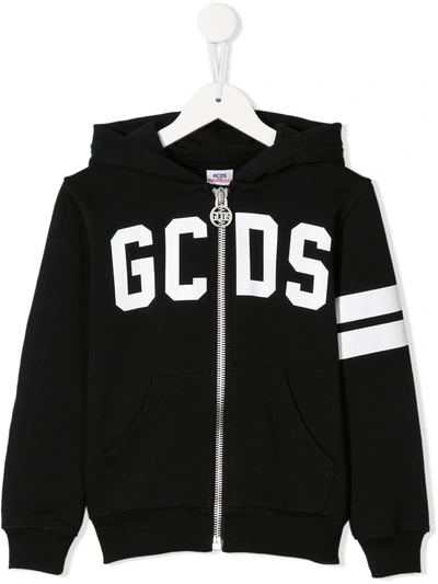 Gcds Kids' Long Sleeve Logo Stripe Hoodie In Black