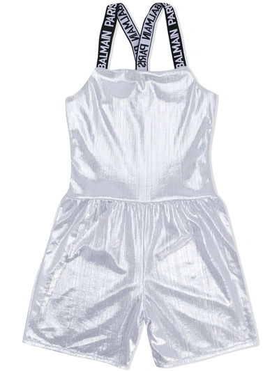 Balmain Kids' Square Neck Logo Strap Playsuit In Silver