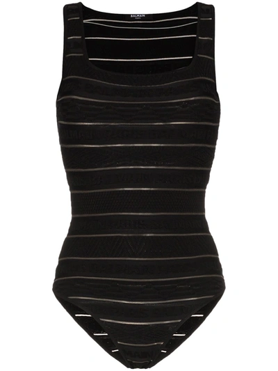 Balmain Bodycon Logo Stripe Bodysuit In Black