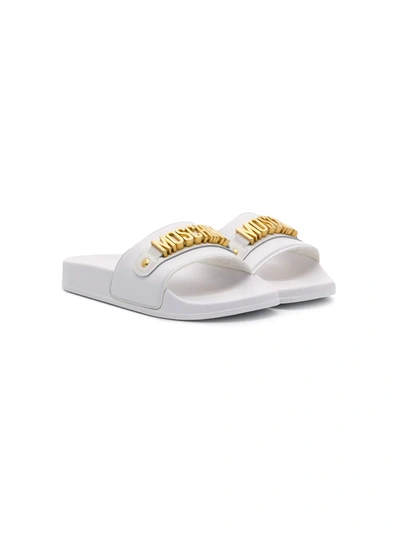Moschino Kids' Logoed Rubber & Leather Slide Sandals In White