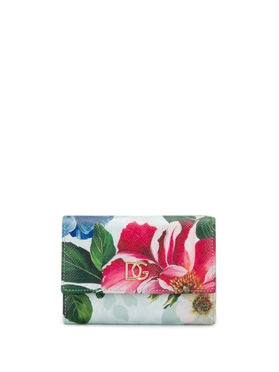 Dolce & Gabbana Flowers Printed Leather Wallet In Green