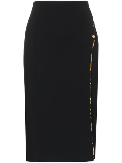 Versace Barocco Print Lining Viscose Stretch Split Skirt In Black
