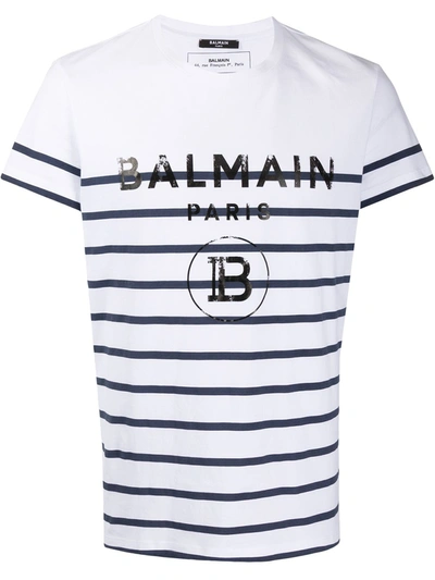 Balmain Striped Logo Print T-shirt In White
