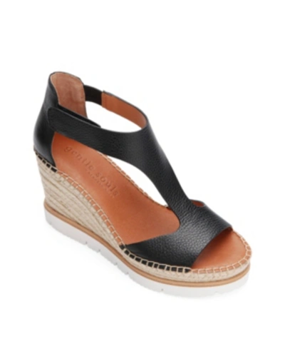 Gentle Souls By Kenneth Cole Elyssa Easy T-strap Wedge Sandals Women's Shoes In Black Leather