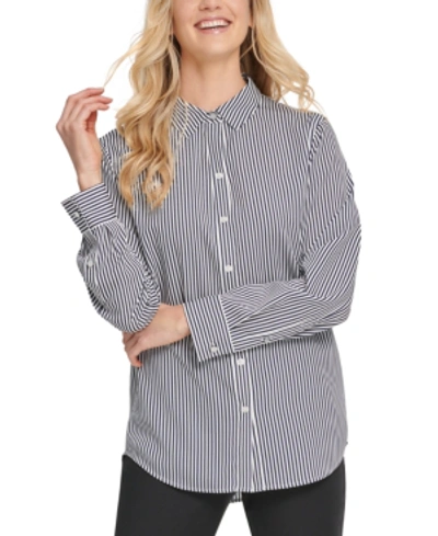 Dkny Striped Button-front Shirt In Navy/ivory