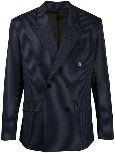 Ernest W Baker Striped Double Breasted Blazer In Blue