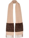 Fendi Printed Shearling-trimmed Wool And Cashmere-blend Scarf In Neutrals