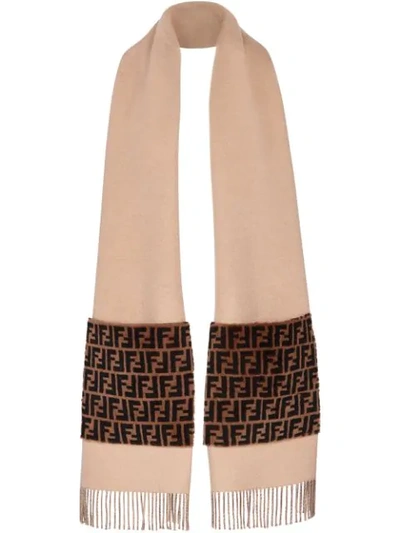 Fendi Printed Shearling-trimmed Wool And Cashmere-blend Scarf In Neutrals