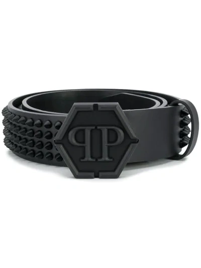 Philipp Plein Logo Plaque Studded Belt In Black