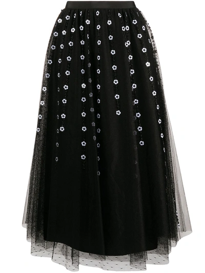 Red Valentino Floral Bead Tulle Midi Skirt In Black