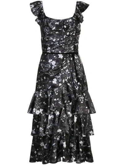 Marchesa Notte Velvet-trimmed Tiered Floral-print Charmeuse Midi Dress In Black