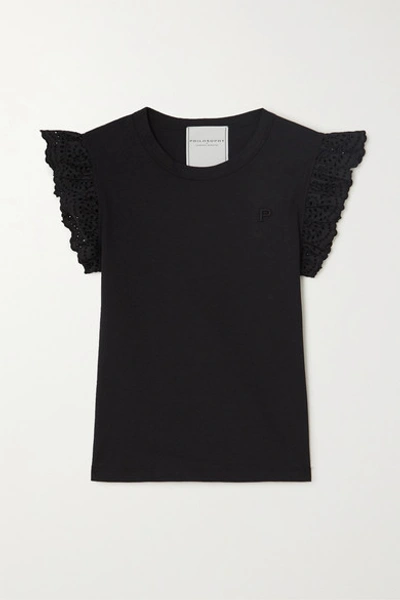 Philosophy Di Lorenzo Serafini Ruffled Broderie Anglaise-trimmed Cotton-jersey Top In Nero