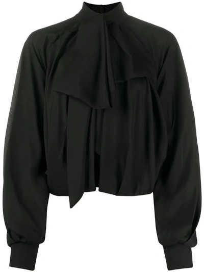 Balmain Pussy-bow Gathered Silk Blouse In Black