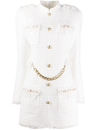 Balmain Chain And Sequin-embellished Tweed Mini Dress In White+gold