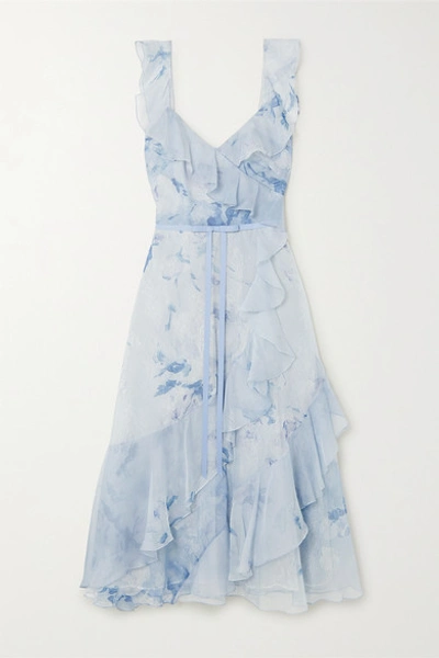 Marchesa Notte Floral-print Chiffon And Chantilly Lace Midi Dress In Light Blue