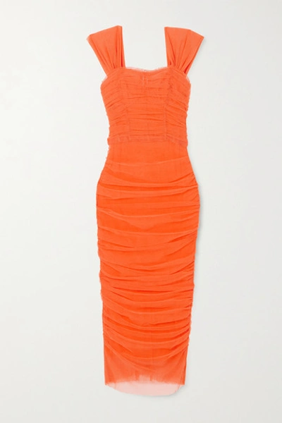 Dolce & Gabbana Ruched Cotton-blend Tulle Midi Dress In Orange